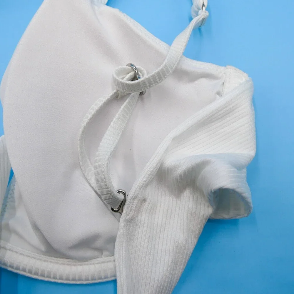 Victorias Secret Medium White Ribbed Underwired Plunge Padded Push-up Bikini Top